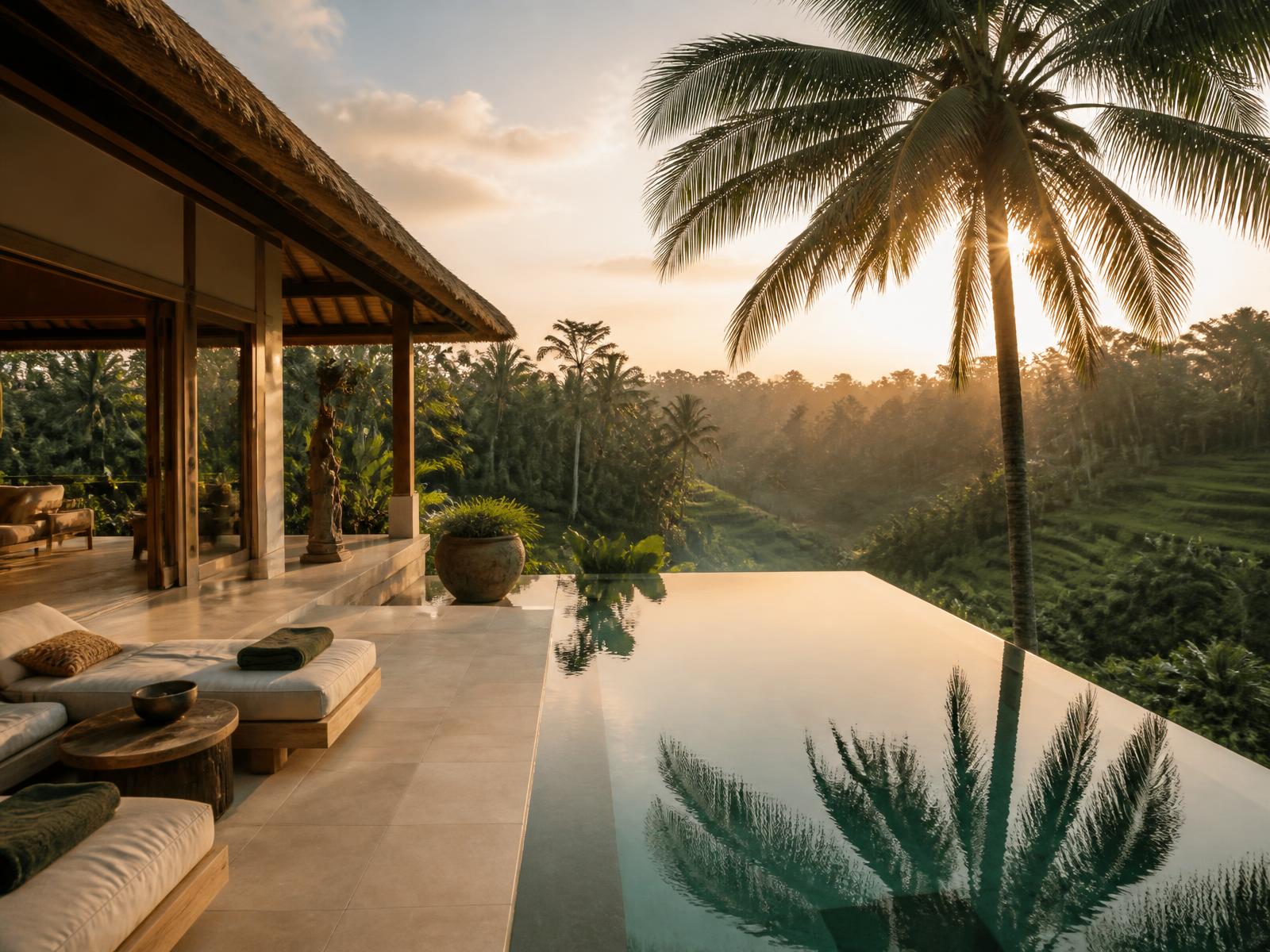 Villa contemporaine à Bali avec piscine à débordement au coucher du soleil